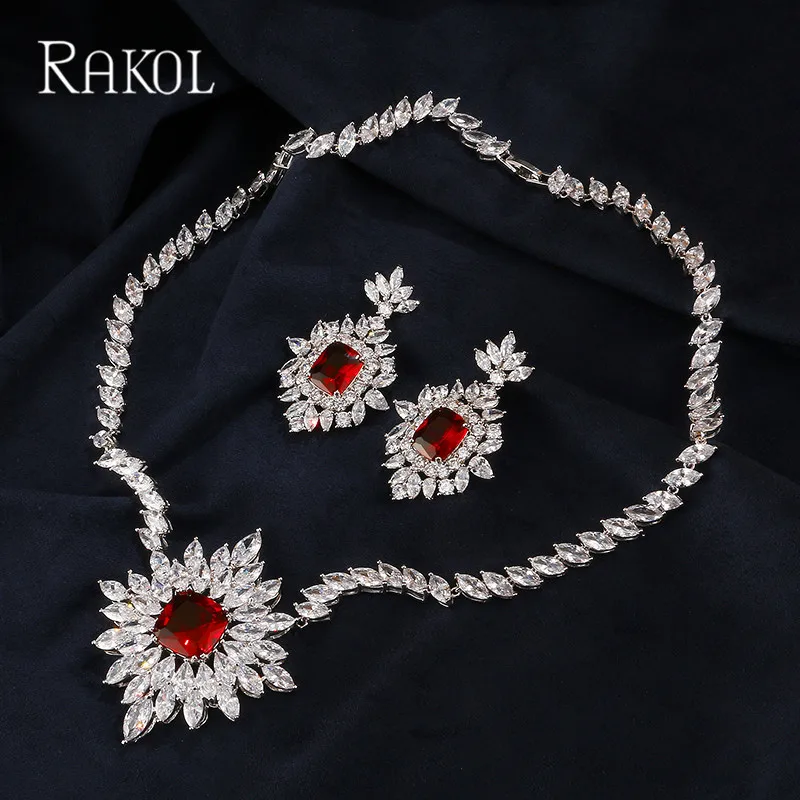 RAKOL Дубай красный цвет кубического циркония цветок большой кулон ожерелье серьги