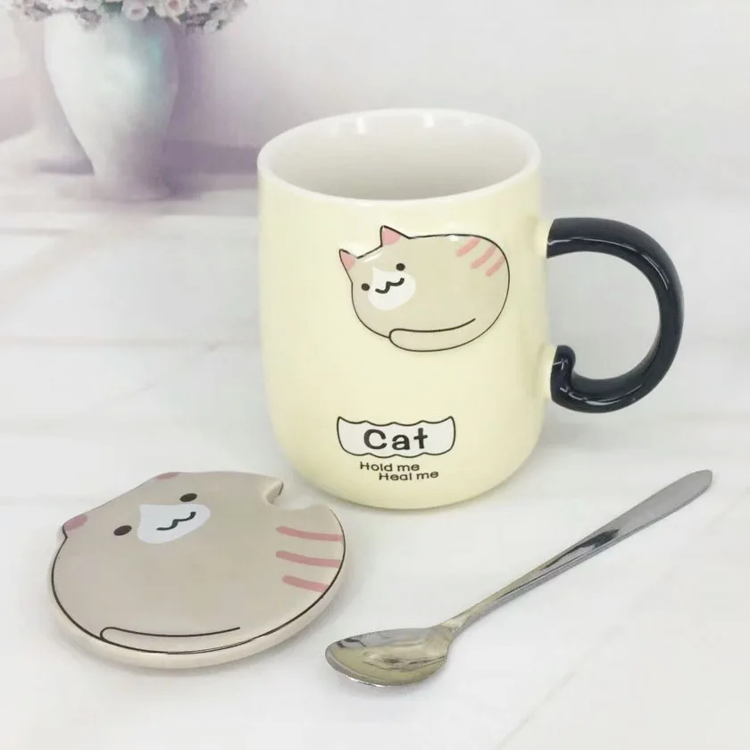 KHAKI Cat Креативная керамическая кофейная чайная чашка с рисунком кота, термостойкая рельефная кружка с милым животным, молочная кружка, 450 мл, с ручкой, ложка, офисный подарок - Цвет: KHAKI Cat