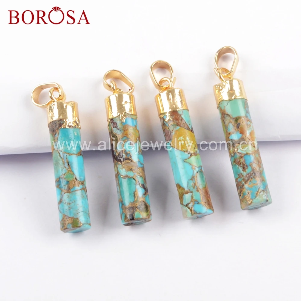 

BOROSA 5PCS Fashion Cylinder Natural Turquoises Gold Color Turquoises Druzy Pendant for Necklace Jewelry G1688