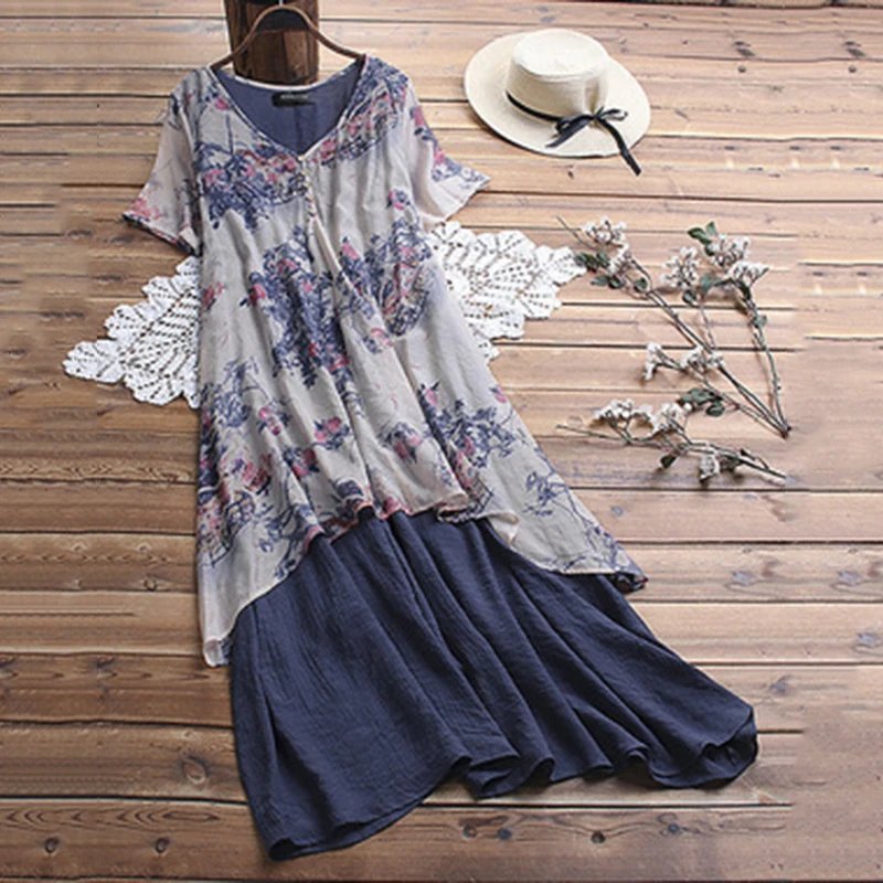 Свободное платье Летнее женское винтажное хлопковое и льняное с v образным