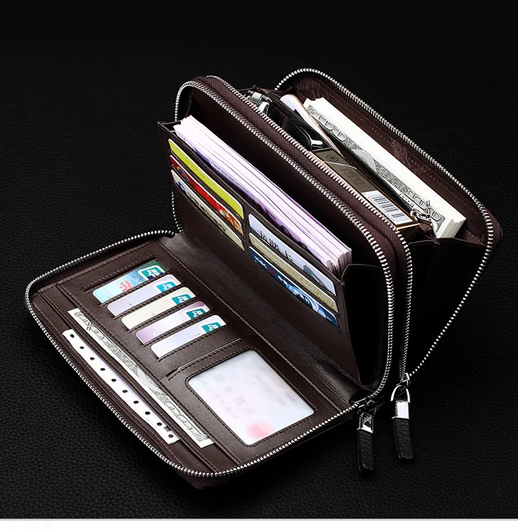 WILLIAMPOLO Leather Vintage Solid Clutch Bag Phone and Card Brand Mens Wallet Double Zipper Genuine Leather Handy Bag Purse