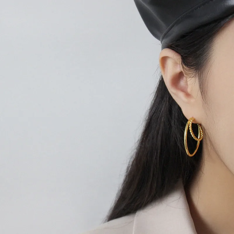 Gold Hoops F.I.N.S корейские модные 925 пробы серебряные серьги для женщин, круглые серьги-кольца с геометрическим орнаментом, хорошее ювелирное изделие, подарки - Окраска металла: Gold Hoops