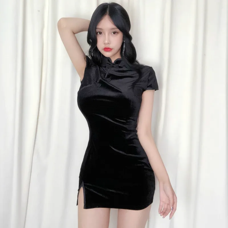 2018 летнее бархатное платье женское китайское Ципао Ретро Харадзюку Сексуальное