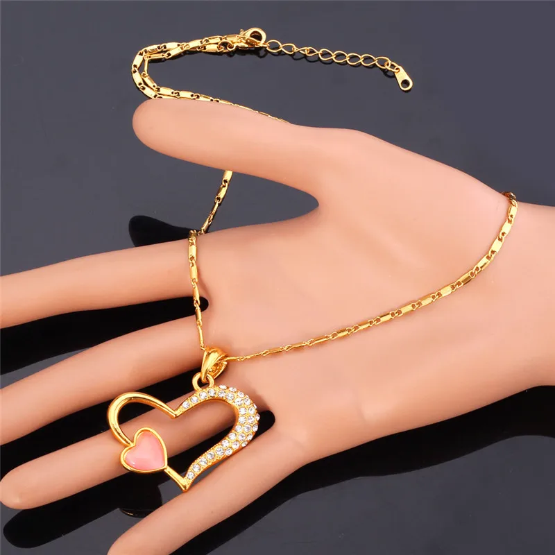 

U7 Pink Heart Pendant Gift For Love Women Romantic Gold Color Rhinestone & Opal Jewelry Heart Pendant Necklace P443
