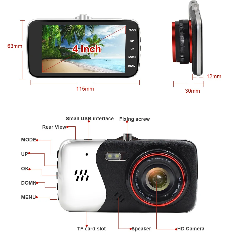 Topsource 4 &quotАвтомобильный видеорегистратор Камера Двойной объектив Full HD 1080 P с