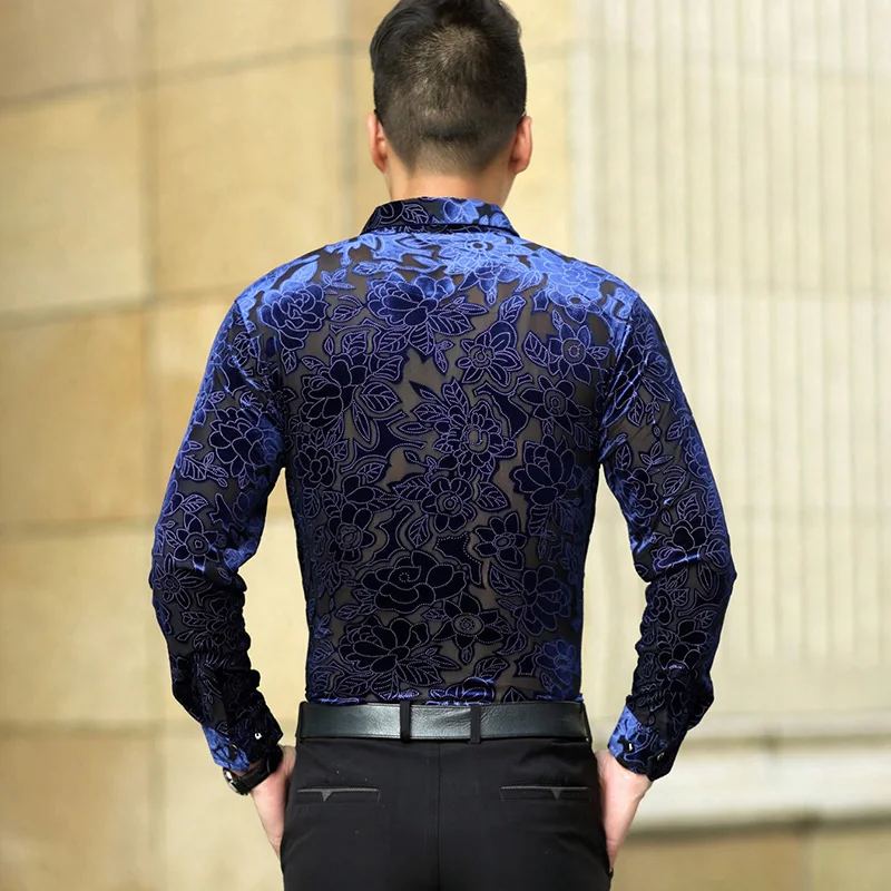 New design male casual see through shirts hollow floral long sleeve clothes mens sexy transprant dress shirt | Мужская одежда