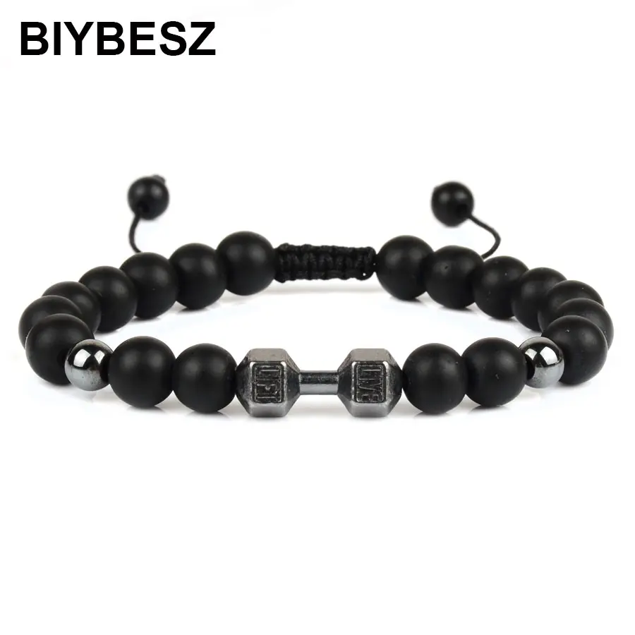 Натуральный Черный Гладкий Оникс Камень бисер браслеты Шарм браслет с гантелей