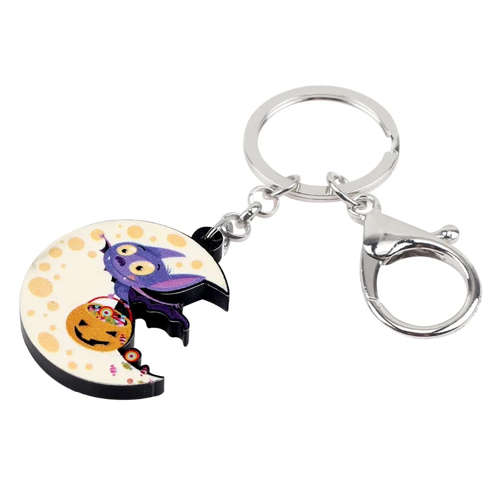 Bonsny акриловый Хэллоуин Луна летучая мышь Тыква брелок для ключей кольцо