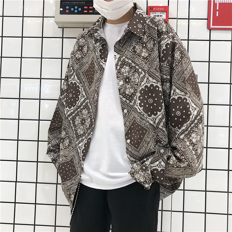 Корейский мужской/женский Harajuku уличная хип-хоп свободная бандана оверсайз с принтом пейсли, футболка, топ, рубашка, блуза с длинным рукавом