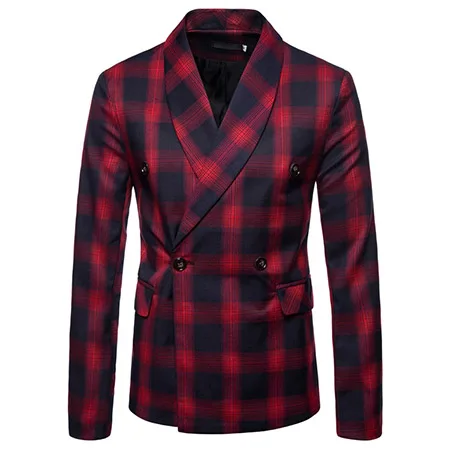 red Мужские Повседневное двубортный блейзер в клетку осень роскошные классические мужской свадебное платье костюм плюс Размеры 4XL Темно-синие красный желтый F181 - Цвет: red