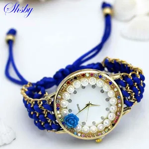 Imported shsby new Ladies flower hand-knitted wristwatch rose women dress watch Color sparkling rhinestone fa