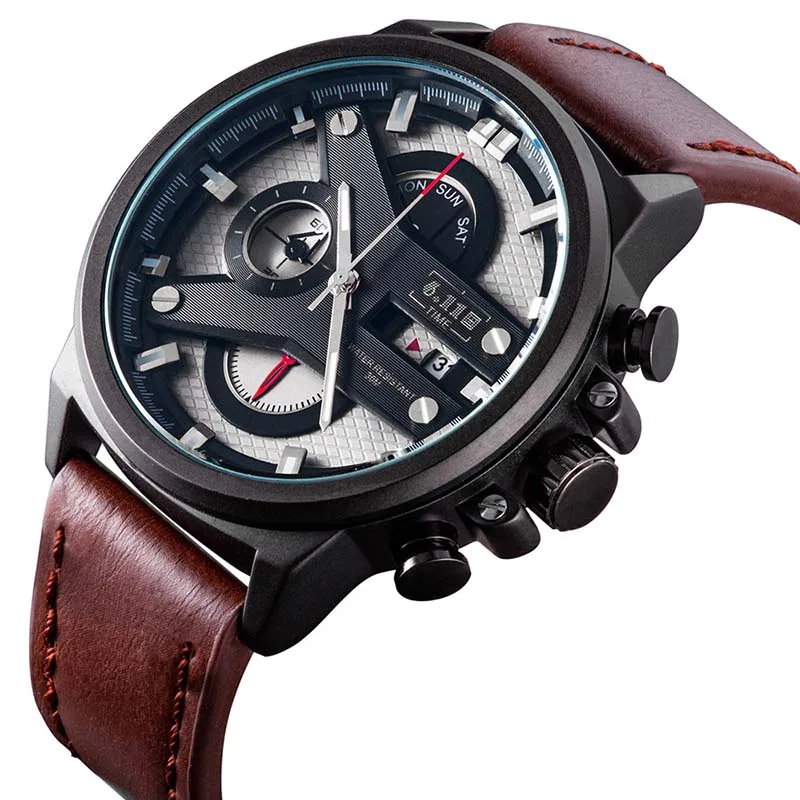 Мужские кварцевые наручные часы с хронографом на кожаном ремешке|Кварцевые