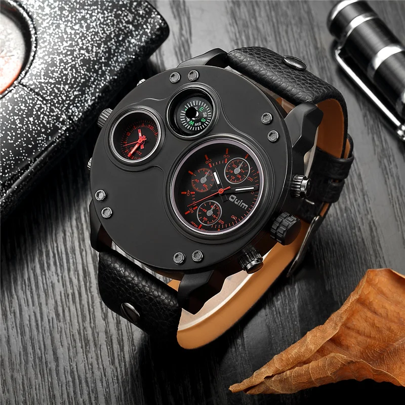 

Oulm Unique New Sport Watches for Men Luxury Brand Casual PU Leather Military Watch Male Decorative Compass Quartz Clock Man