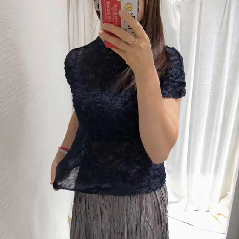 Changpleat летние новые женские футболки топы Miyak плиссированные модные со стоячим воротником Твердые с коротким рукавом большие эластичные женские футболки