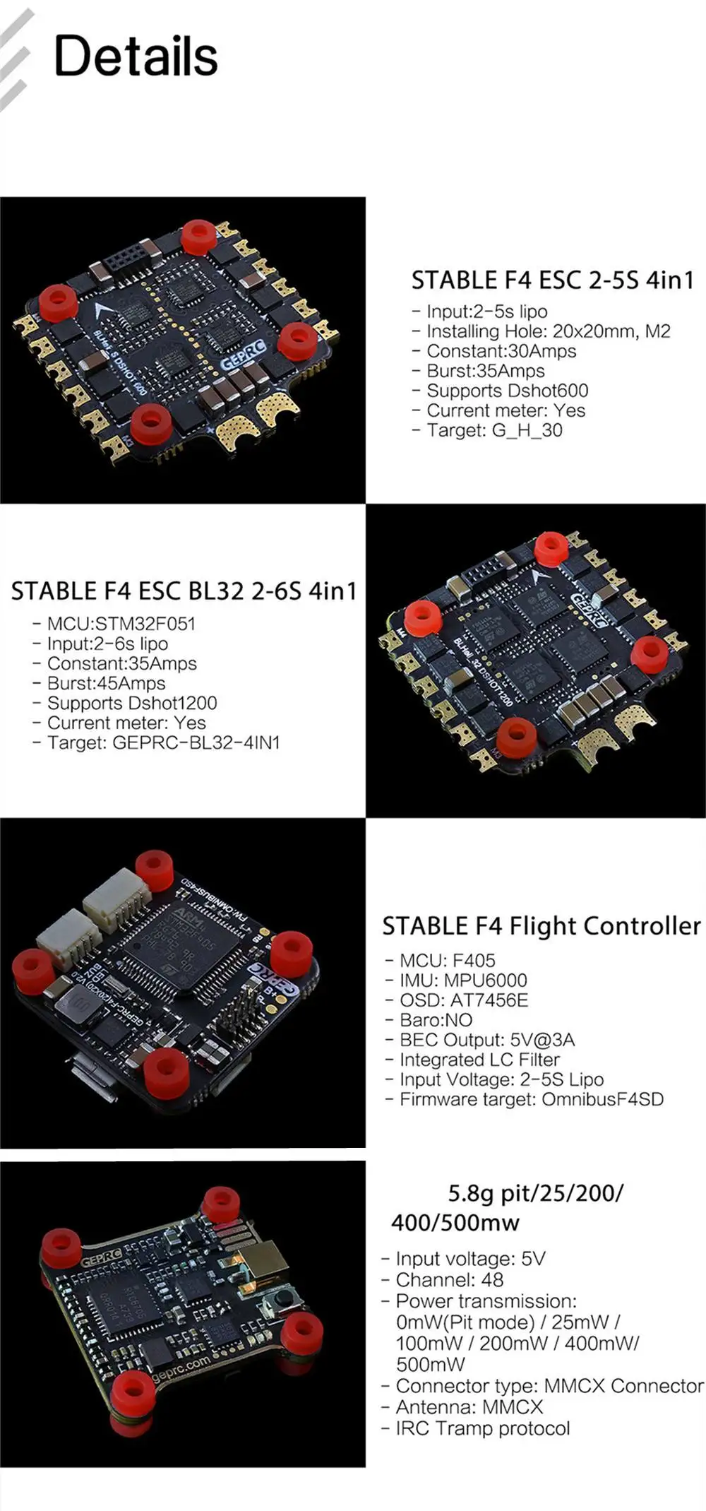 Geprc стабильный V2 F4 стек F4 20x20 мм Контроллер полета AIO OSD BEC& 30A BL_S/35A BL_32 4в1 ESC& 500 МВт VTX для радиоуправляемого дрона
