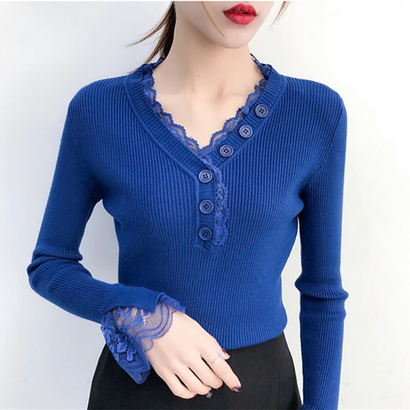 2019 Autumn Winter V-neck Knitted Pullover Sweater Lace Stitch Trumpet Sleeve Sweaters Plus Size Women Jumper Pull Femme R311 | Женская
