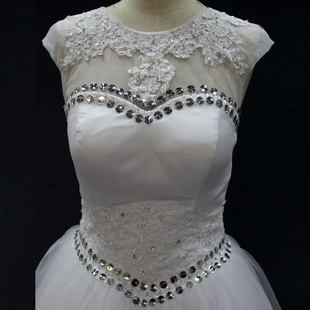 Новый Fashioned Line Свадебное Платье с Кристально О Шеи Белый Casamento Плюс Размер Тюль