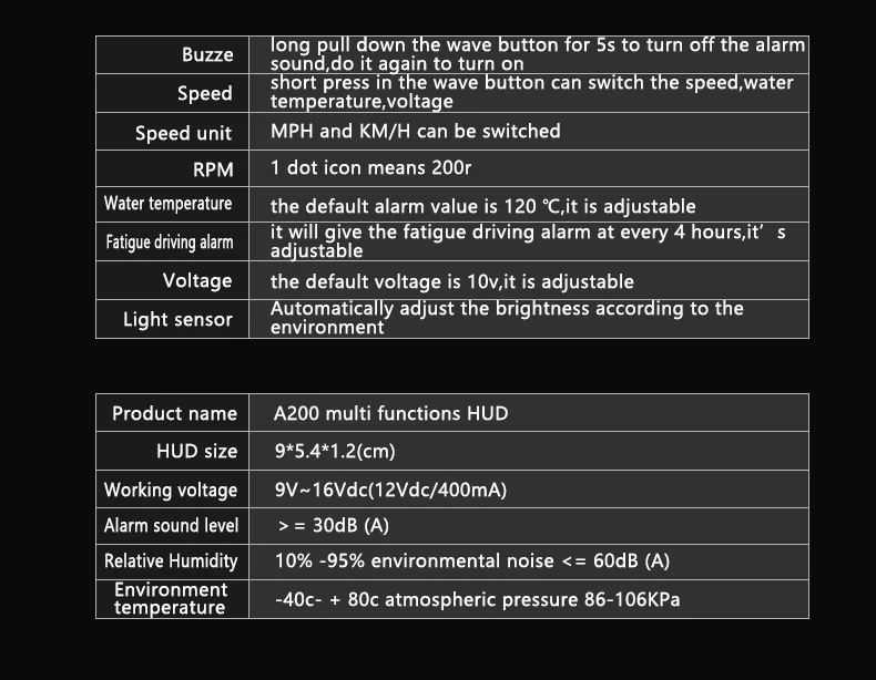 A200 hud автомобильный универсальный дисплей Спидометр obd2 температура воды проекция на лобовое стекло для автомобиля hud