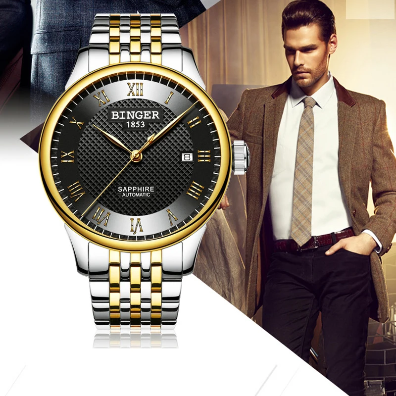 BINGER Brand Men 316L Stainless stee Strap Automatic Mechanical Male self-wind Simple Sapphire Ultrathin Watch Mens | Наручные часы