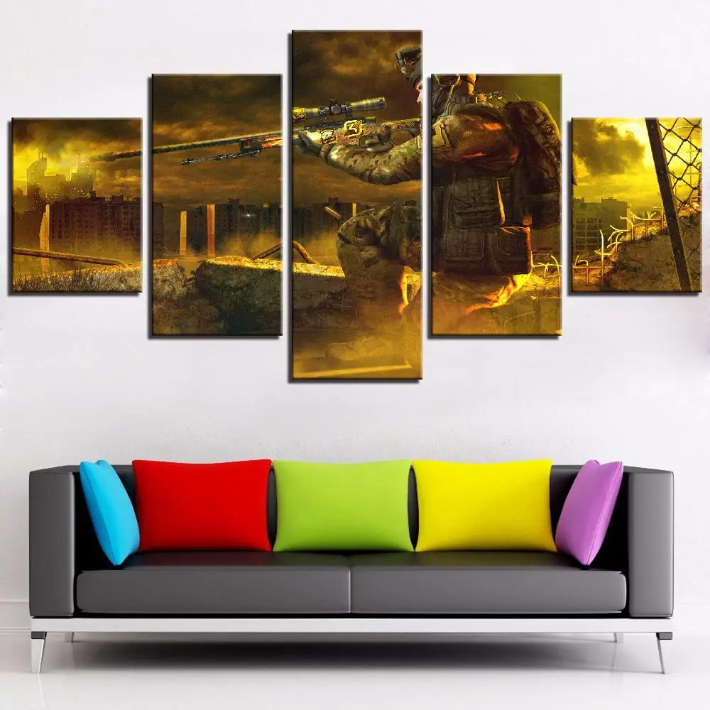 Картина на холсте солдат с пистолетом игра поле битвы 5 шт. настенная живопись