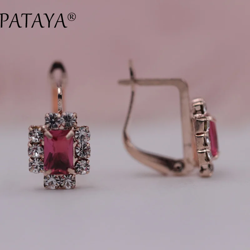 rose red PATAYA, Новое поступление, темно-синий квадратный натуральный кубический цирконий, серьги, 585 розовое золото, красивые серьги для женщин, вечерние ювелирные изделия, аксессуары - Окраска металла: rose red