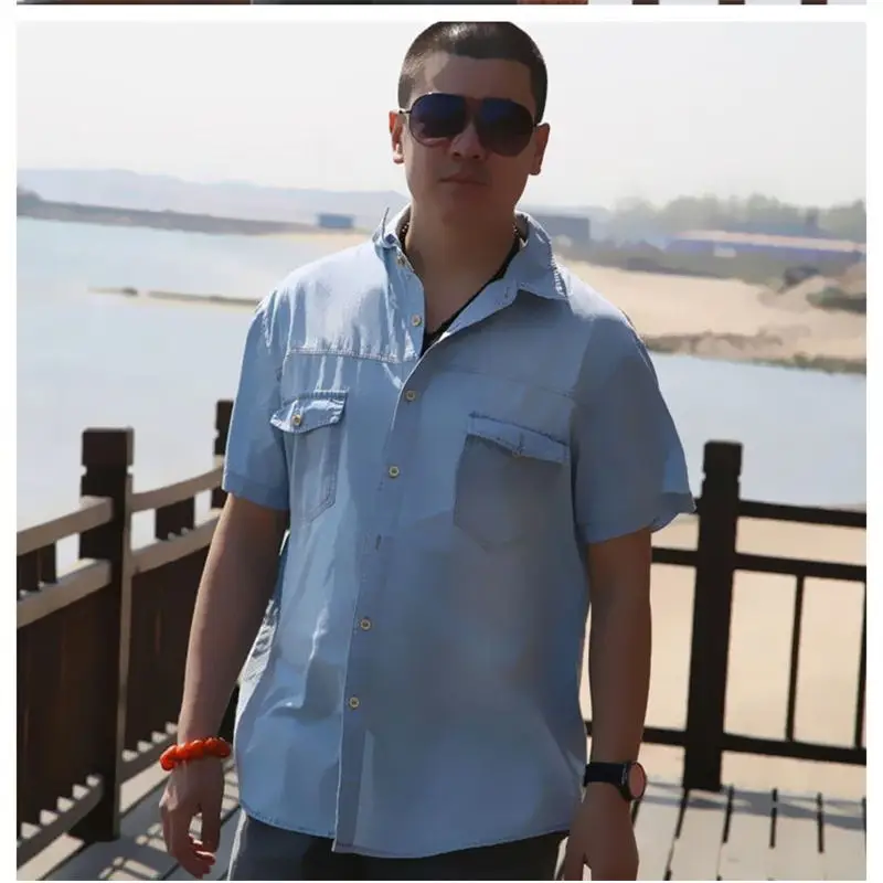 Рубашка мужская джинсовая с коротким рукавом хлопковая блуза из денима в