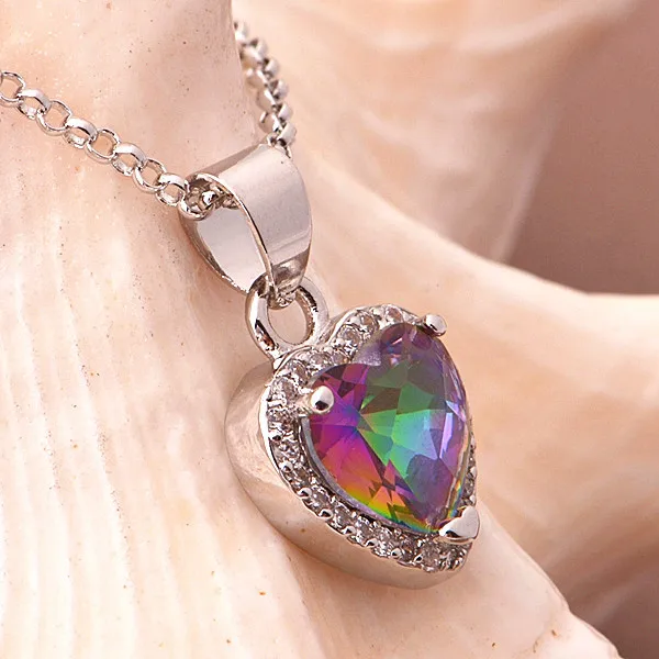 Серебряное Сердце Ожерелье с Цветными Камнями Vintage Длинные Ожерелья Ювелирные