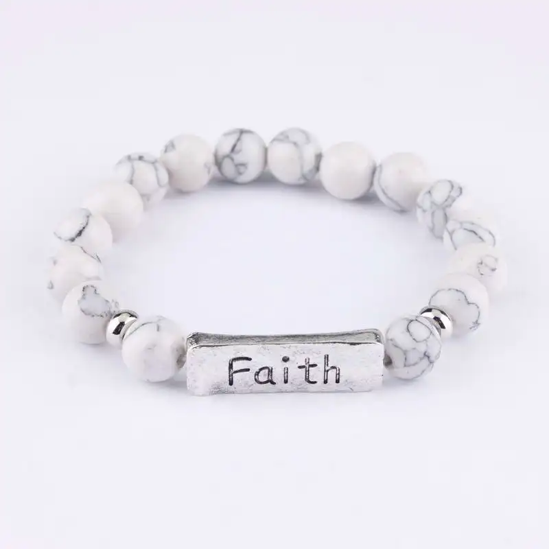 White Faith Новинка, браслеты из натурального камня с бусинами, чакра, женские браслеты с гравировкой, надеются, браслеты с монограммой, персонализированные ювелирные изделия - Окраска металла: White Faith