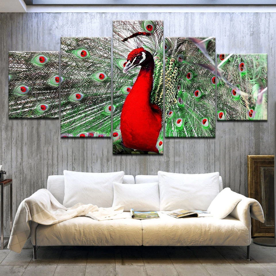 Модульная HD принты картины на холсте Wall Art Home Decor 5 шт. красный павлин Плакаты
