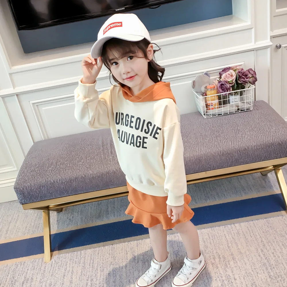 Girls set 2018 new spring letter hooded printing long-sleeved sweater with skirt two-piece tide | Детская одежда и обувь