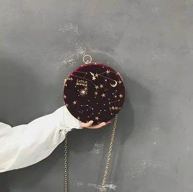 WINE Модный вельветовый круглый Повседневный Женский кошелек на цепочке с вышивкой в виде звезд, сумка через плечо, мини сумка-мессенджер с клапаном - Цвет: WINE