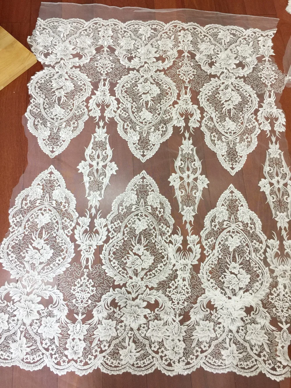 

1 Yard Luxury exquisite embroidery lace fabric with clear sequin , 3D tiny pearl beaded vintage style bridal lace fabric