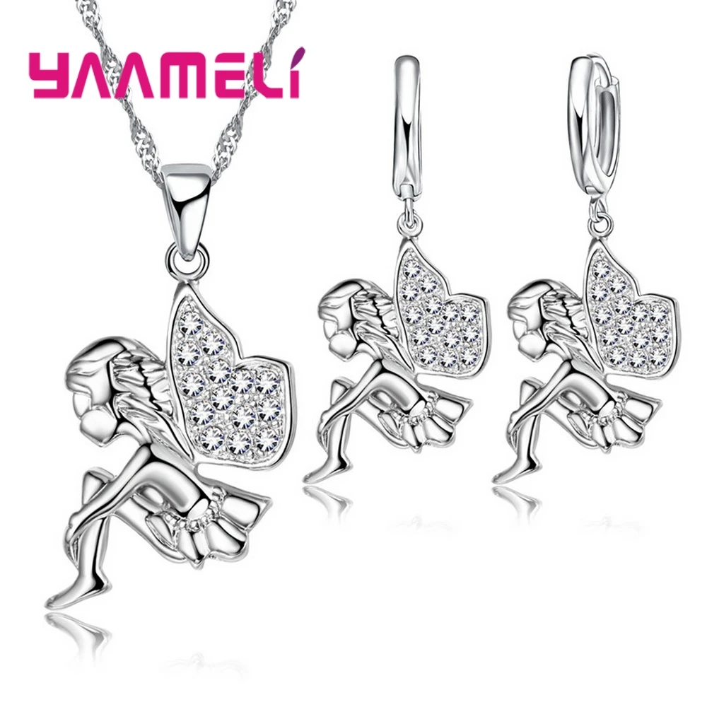 

925 Sterling Silver Necklace+Earrings Jewelry Set Mysterious Romantic Style Fairy Modeling For Little Girl Present
