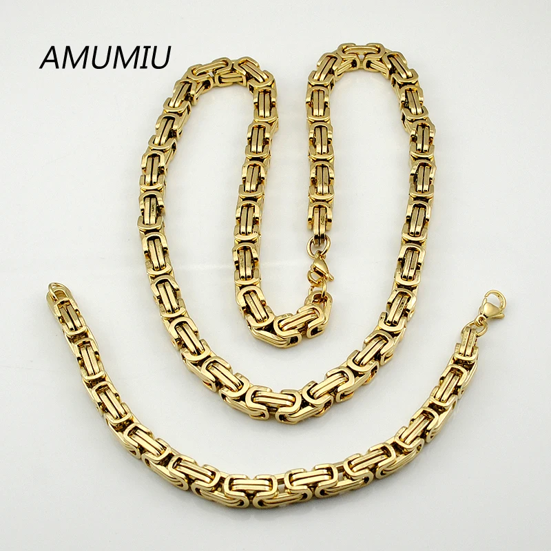 AMUMIU золотого цвета Уникальный Модный плоский византийский ожерелье/браслет (64 см