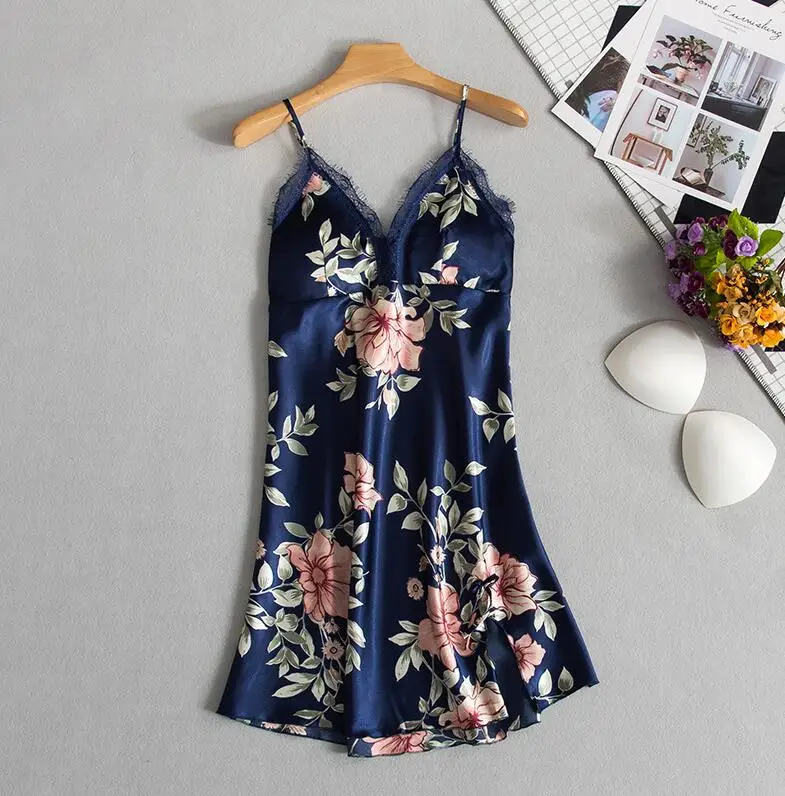 navy blue C Атласная женская пижама с подушками на груди, сексуальная женская пижама, кружевная Пижама для сна, 5 штук в комплекте, Женская домашняя одежда - Цвет: navy blue C
