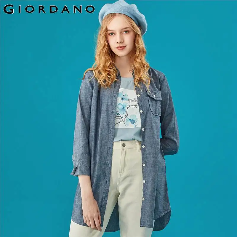 Giordano .женская хлопковая рубашка платье с длинными рукавами данная модель имеет