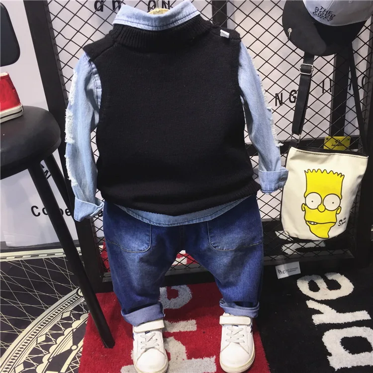 

Children Clothing Set Autumn winter Sets Kids boys knit vest + cowboy shirt + jeans 3pcs Suit Baby Boys Clothes Set 2-6yrs