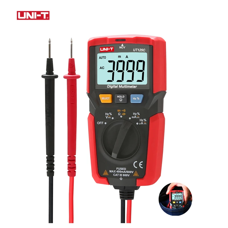 Multímetro Digital de bolsillo UNI-T UT125C, medidor eléctrico DMM, prueba NCV, AC DC, resistencia de corriente de voltaje, Capacitor, multímetro