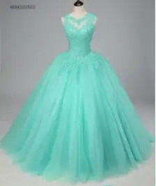 Зеленый Мятно-зеленое Бальные платья, фатиновые Аппликации, Vestidos De 15 Anos, милые 16 Платья, дебютантные платья, платья для 15 лет - Цвет: Зеленый