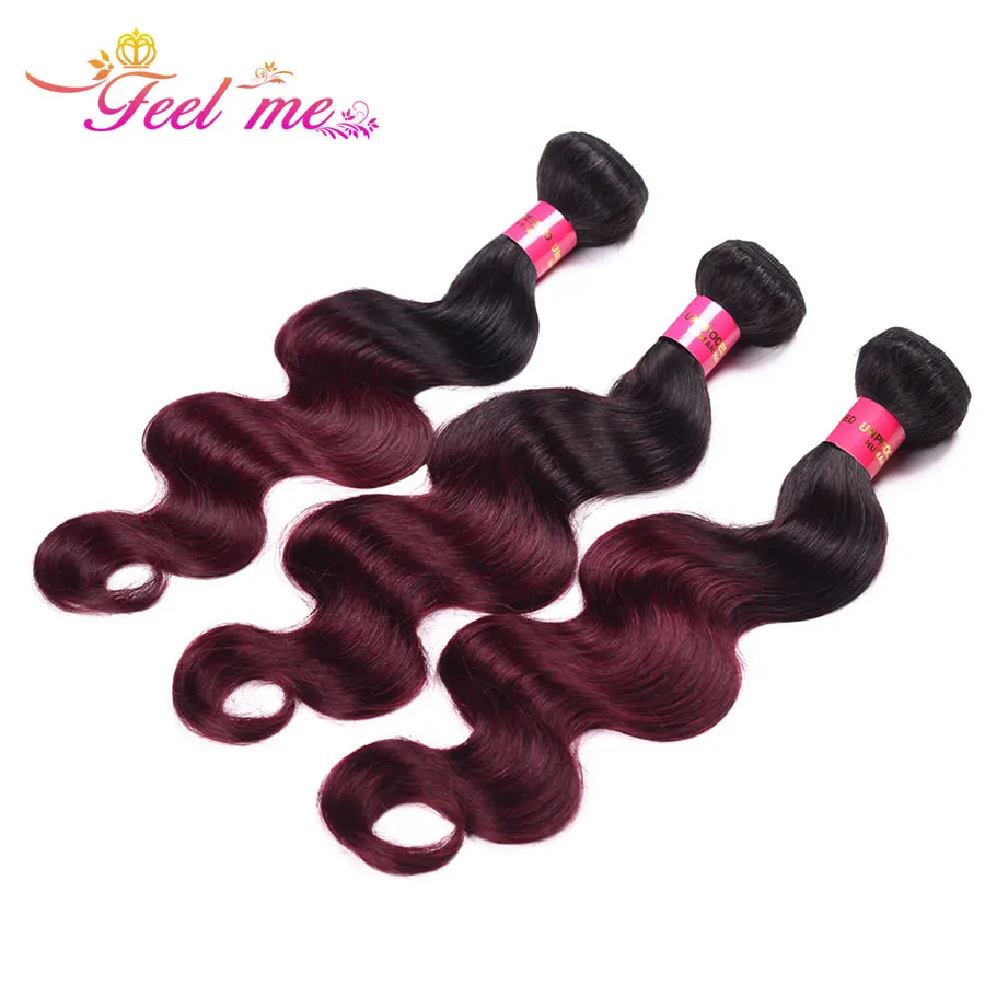 FEEL ME Human Hair Bundles Malaysian Body Wave 1 or 3 Ombre Weave 1b/99j 10-28 Inch 10a Non-remy | Шиньоны и парики