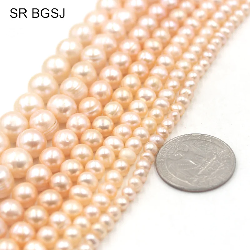 

Free Ship 4-11mm Wholesale Nearly Round Natural Freshwater Pearl Jewelry DIY Beads Round Pink Pearls Strand 15"