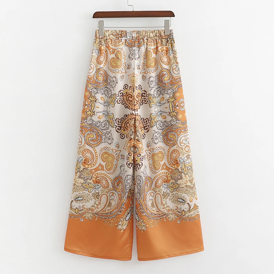 TEELYNN boho Брюки атласные оранжевые с узором пейсли широкие брюки с высокой эластичной талией свободные пляжные брюки летние брюки