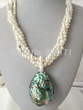 

4 ROW White Nugget Baroque Pearl Necklace Abalone Pendant 18"