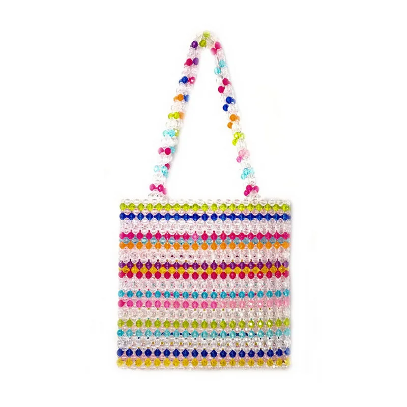 medium 8 x 9inch Разноцветные полосатые бусины сумки Lady beaded Сумки сумки тканые Девушки Симпатичный с кристаллами кошелек пляжный отдых школьные ранцы малыш мини размер челнока - Цвет: medium 8 x 9inch