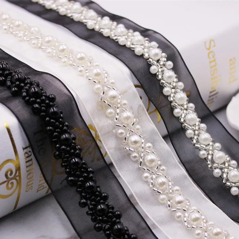 

New 1Yards/lot White/Black handmade beaded pearl lace Ribbon DIY wedding / women's / home soft / children's clothing / headwear