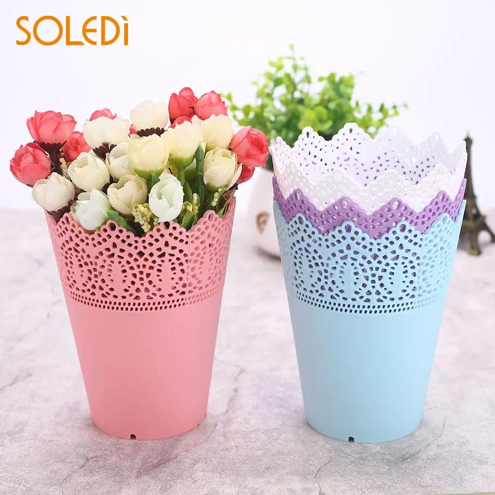 SOLEDI Flower Pots Vase Plastic Contemporary Lace Pink/White/Blue/Purple Desk Tidy Holder Storage Home Decoration | Дом и сад