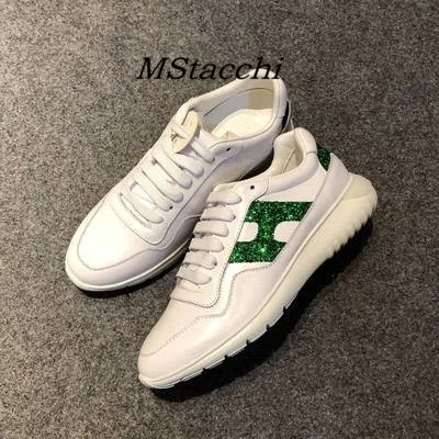 white green H Mcacchi/женские кроссовки из коровьей кожи с блестками; женская повседневная обувь на шнуровке, визуально увеличивающая рост; женские разноцветные кроссовки на не сужающемся книзу массивном каблуке - Цвет: white green H