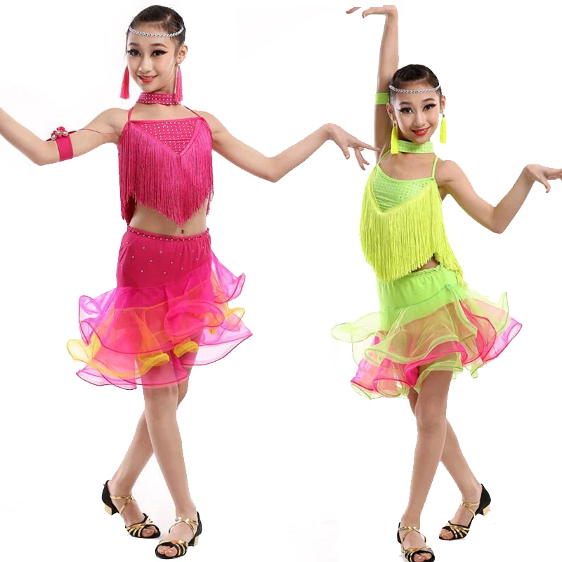 Children Ballroom Latin Dancing Dress Girl Salsa Stage wear Tassels Dance Costume Kids Skating Costumes Outfits | Тематическая
