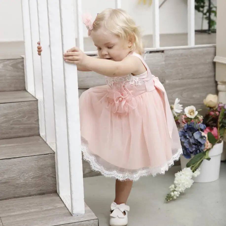 Розовое летнее платье для маленьких девочек Кружевная одежда с цветочным