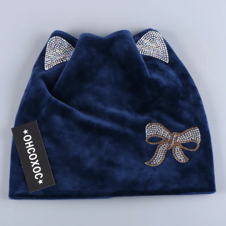 OHCOXOC дизайн женские шапочки Skullies белый цвет девушка милая Осень Зима шапка с DMC AAAA блестящая Звезда форма горный хрусталь - Цвет: navy